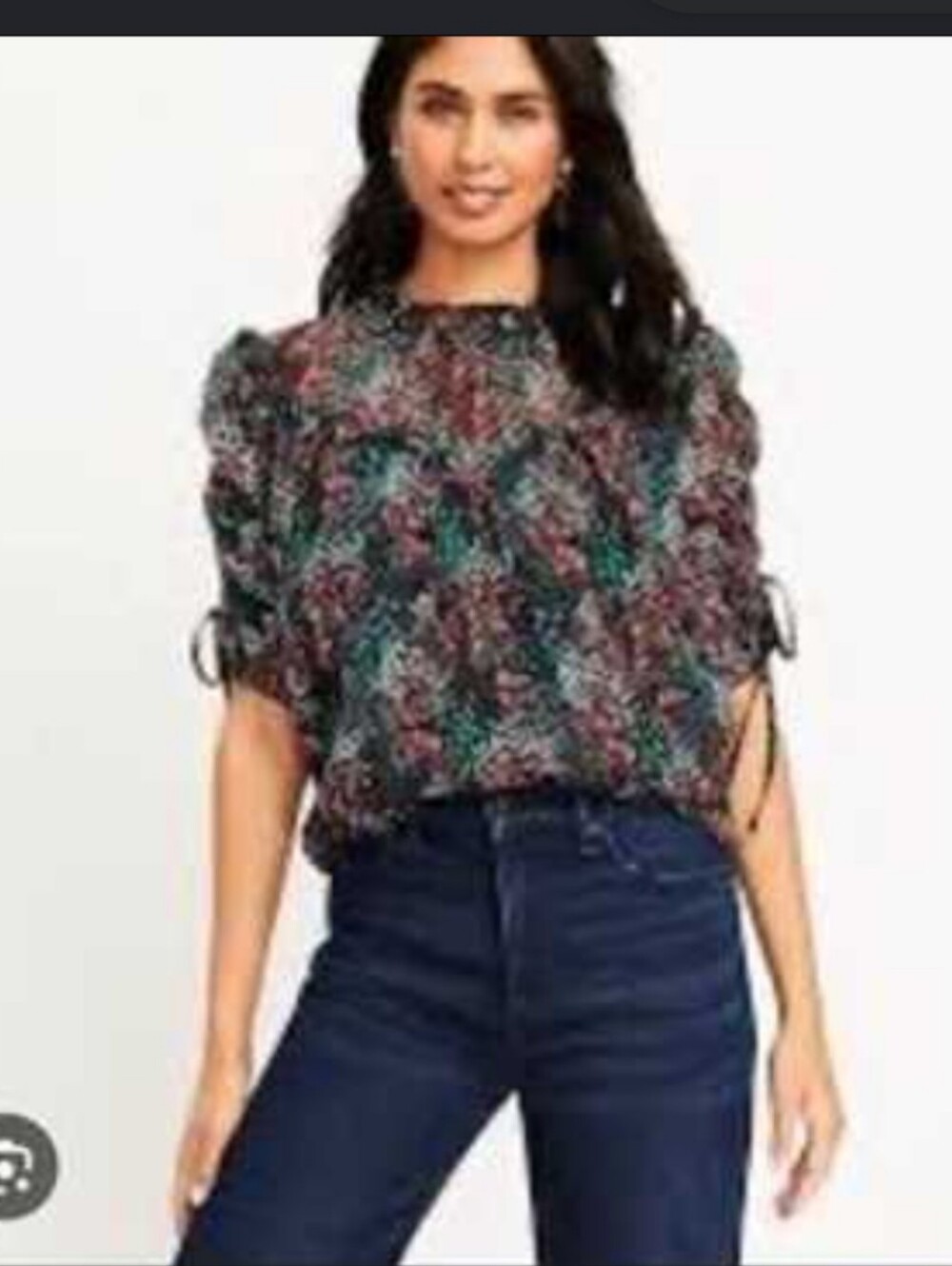LOFT Sheer Black Floral Blouse with Red & Green Accents